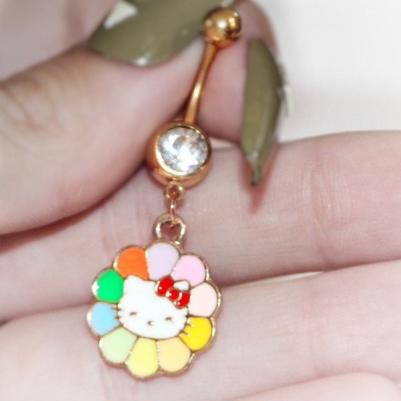 Golden colorful Hello Kitty rainbow flower belly ring - Picture 6 of 8